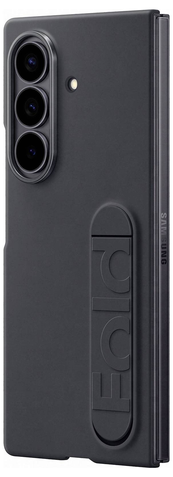Et sort smartphone-etui med en 'Fold' etiket, udstyret med tre kameralinser, designet til en foldbar enhed.