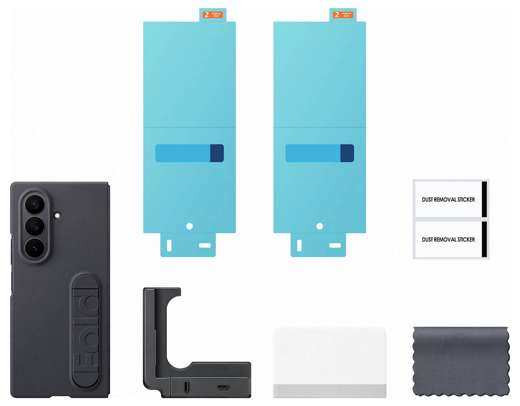 Telefoncover-sættet inkluderer et sort beskyttelsescover, to blå skærmbeskyttere, kamerabeskytter, rengøringsklud og støfbortfjernelsesmærkater.