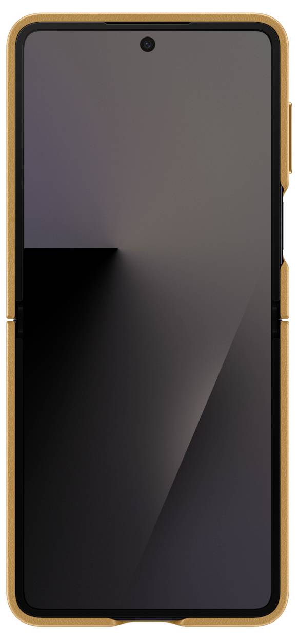 En smartphone med en elegant design og tynde kanter, der viser et abstrakt gradientmønster på skærmen.