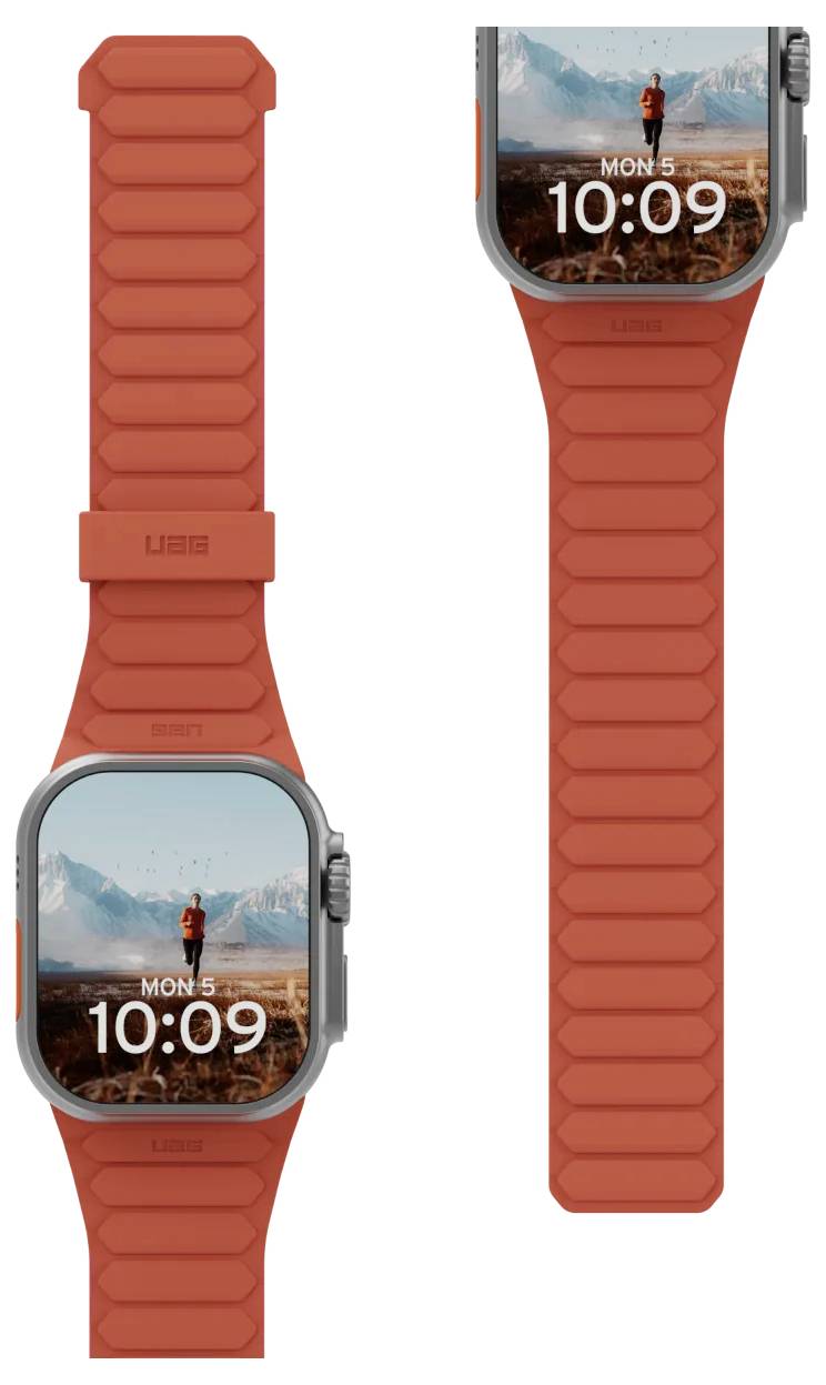 En orange smartwatch, der viser klokkeslættet 10:09 og datoen Man 5, med et udendørs motiv af en person, der står i et bjerglandskab.