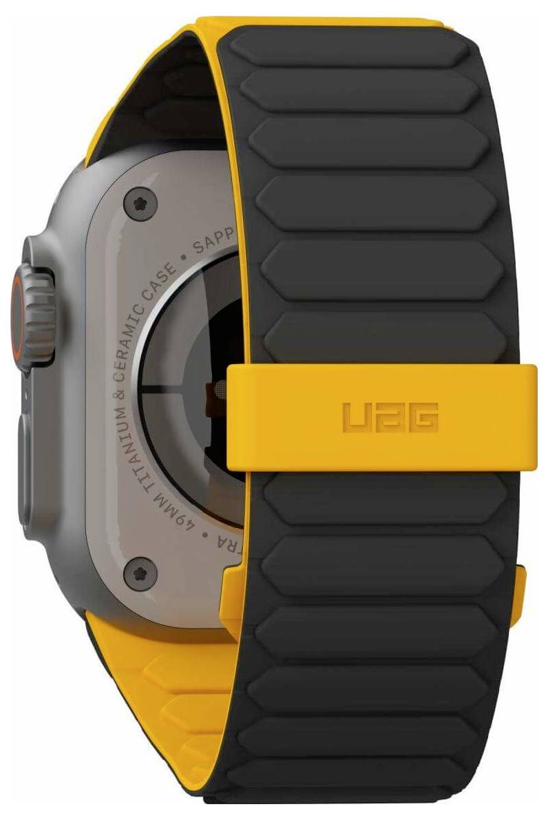 Smartwatch med et robust sort og orange bånd udstyret med en metalisk kabinet.