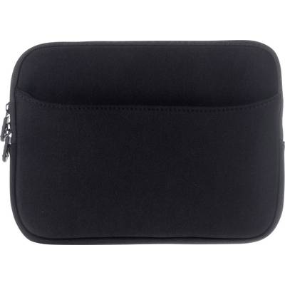 Sort neoprene laptoptaske med lynlåslukkning og en udvendig lomme, designet til at beskytte og transportere en bærbar computer sikkert.