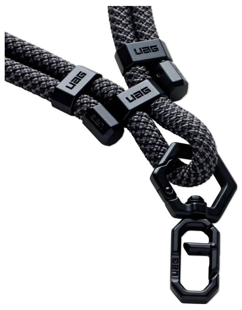 Et nærbillede af et sort og gråt flettet reb-lanyard med sorte connektorer og en drejelig krog, med 'UAG' mærkning på connektorerne.