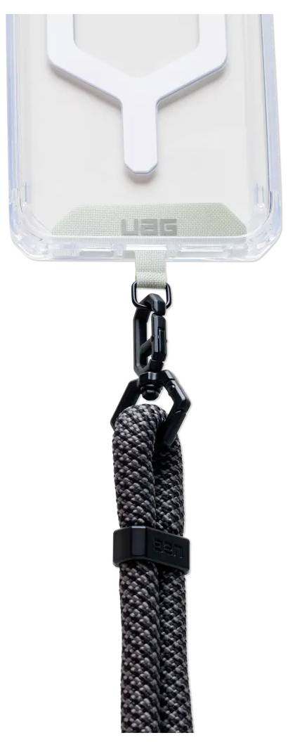 Et telefoncover med en sort aftagelig snor påsat en krog til nem bæring. Snoren har et struktureret design.