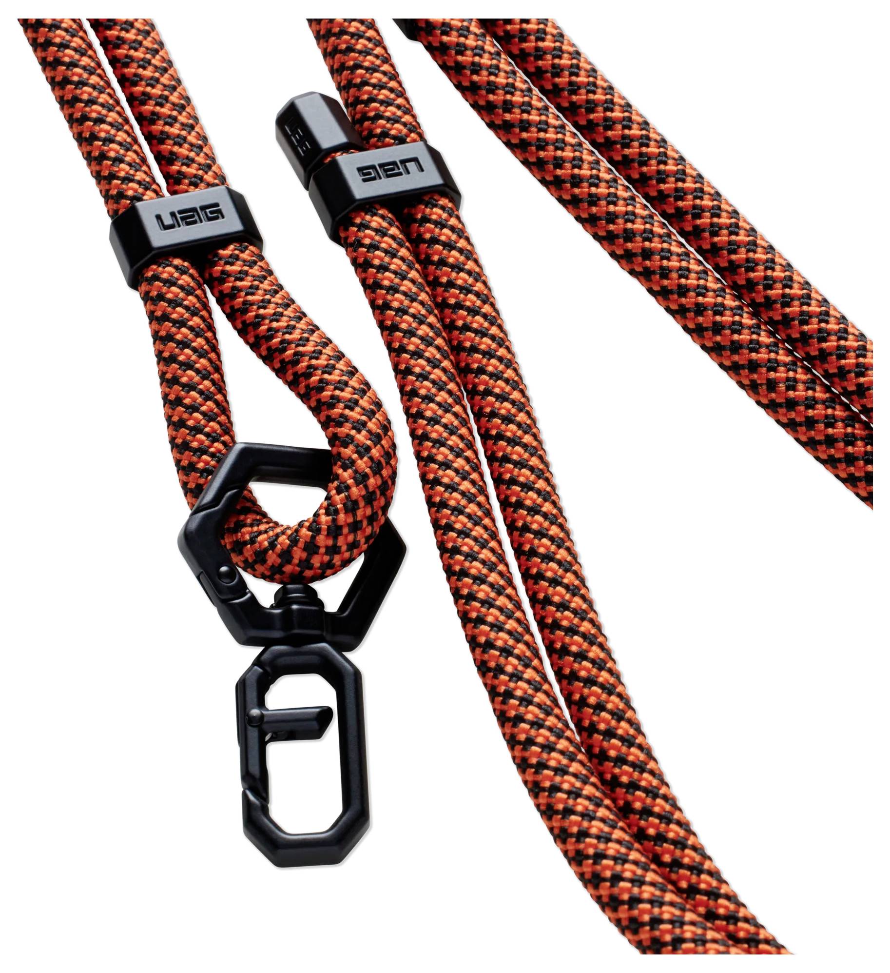 Orange og sort flettet nøglesnor med sorte metalklemmer og 'UAG' branding på forbindelserne.