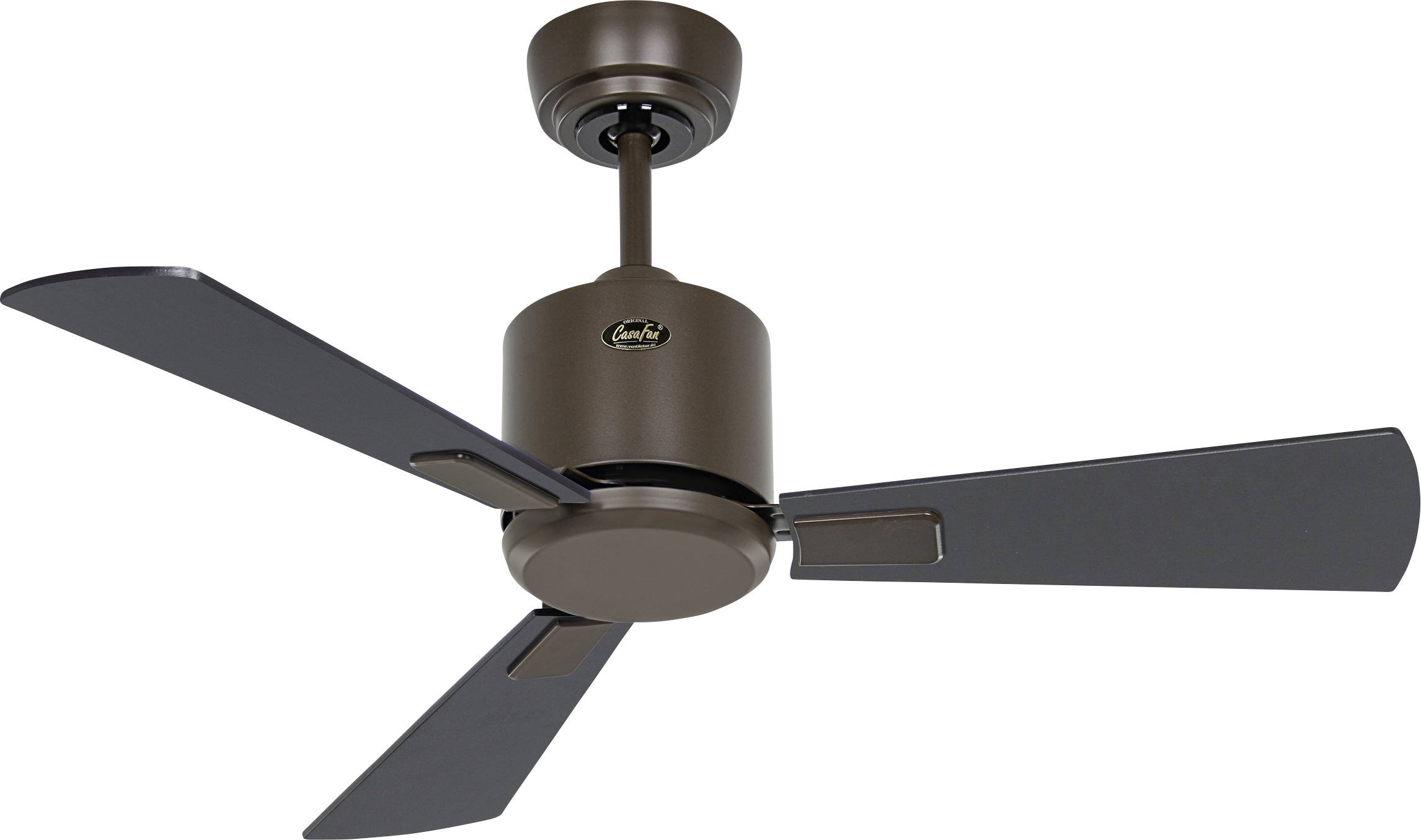 En brun loftventilator med tre vinger hænger fra loftet og fremviser et moderne, minimalistisk design.