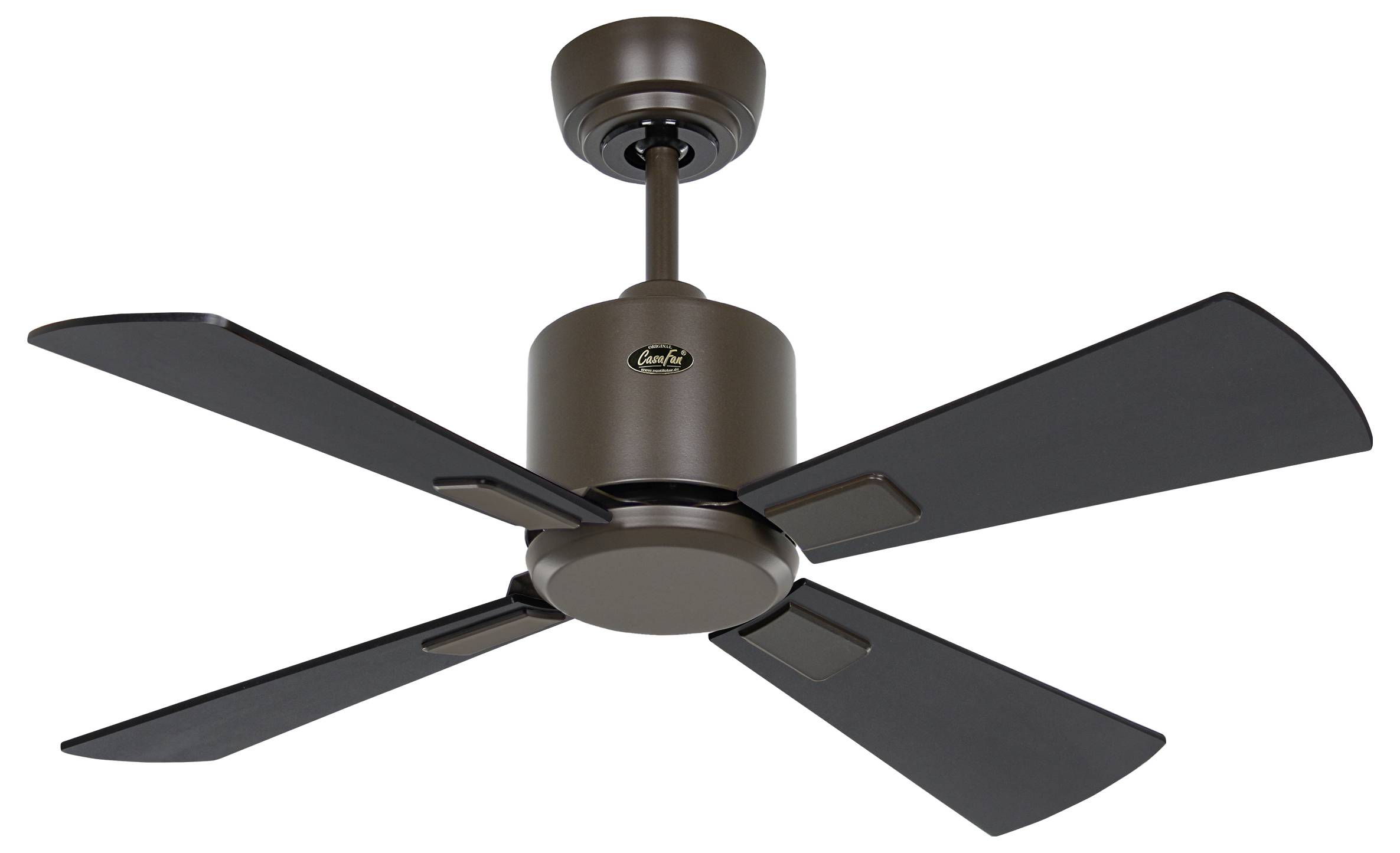 En loftventilator med et moderne design med en elegant, mørkebrun finish og fire sorte vinger, monteret på en simpel stang.
