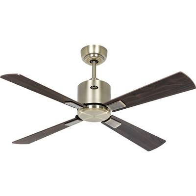 En loftventilator med fire mørke træblade og en metallisk finish; set fra en vinkel, der fremhæver dens moderne design og centrale armatur.