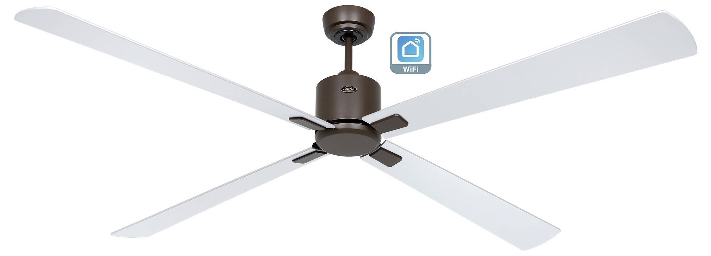 Et loftventilator med en brun motor og fire metalblade, med et WiFi-forbindelsesikon, der indikerer smart funktionalitet.