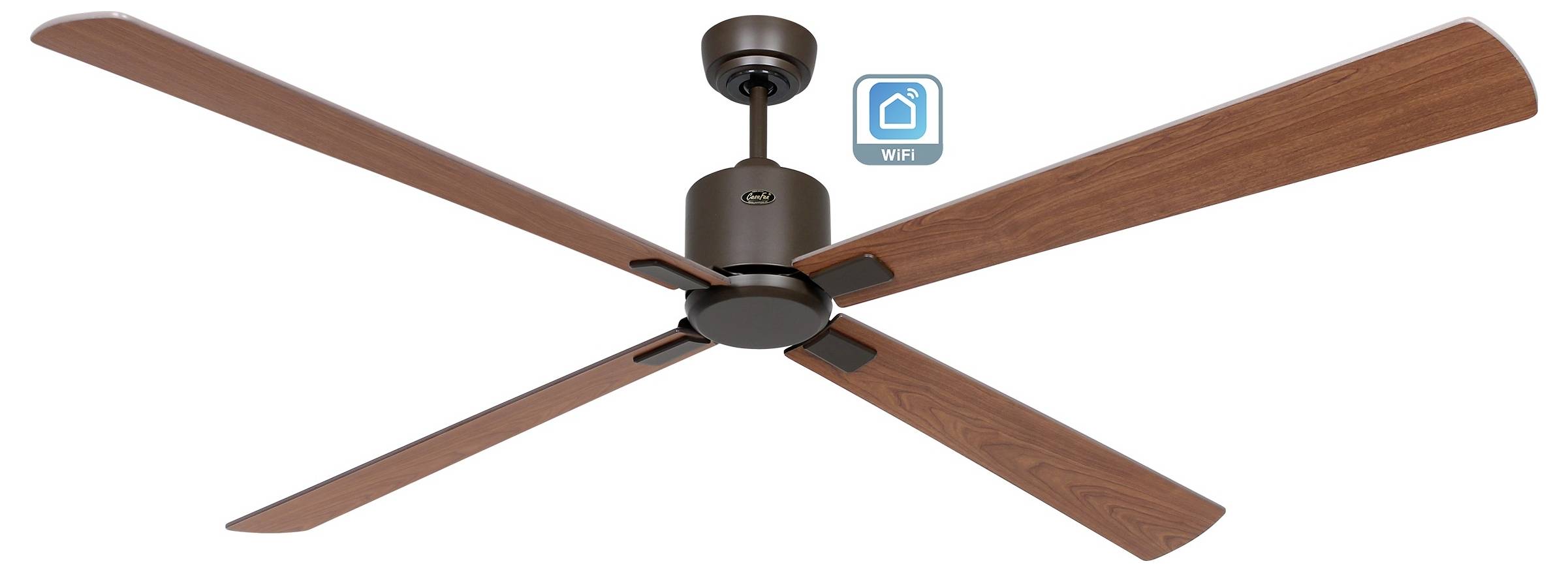 En loftventilator med fire træblade og en bronzefinish, der viser et Wi-Fi-aktiveret symbol, som indikerer smarte tilslutningskapaciteter.