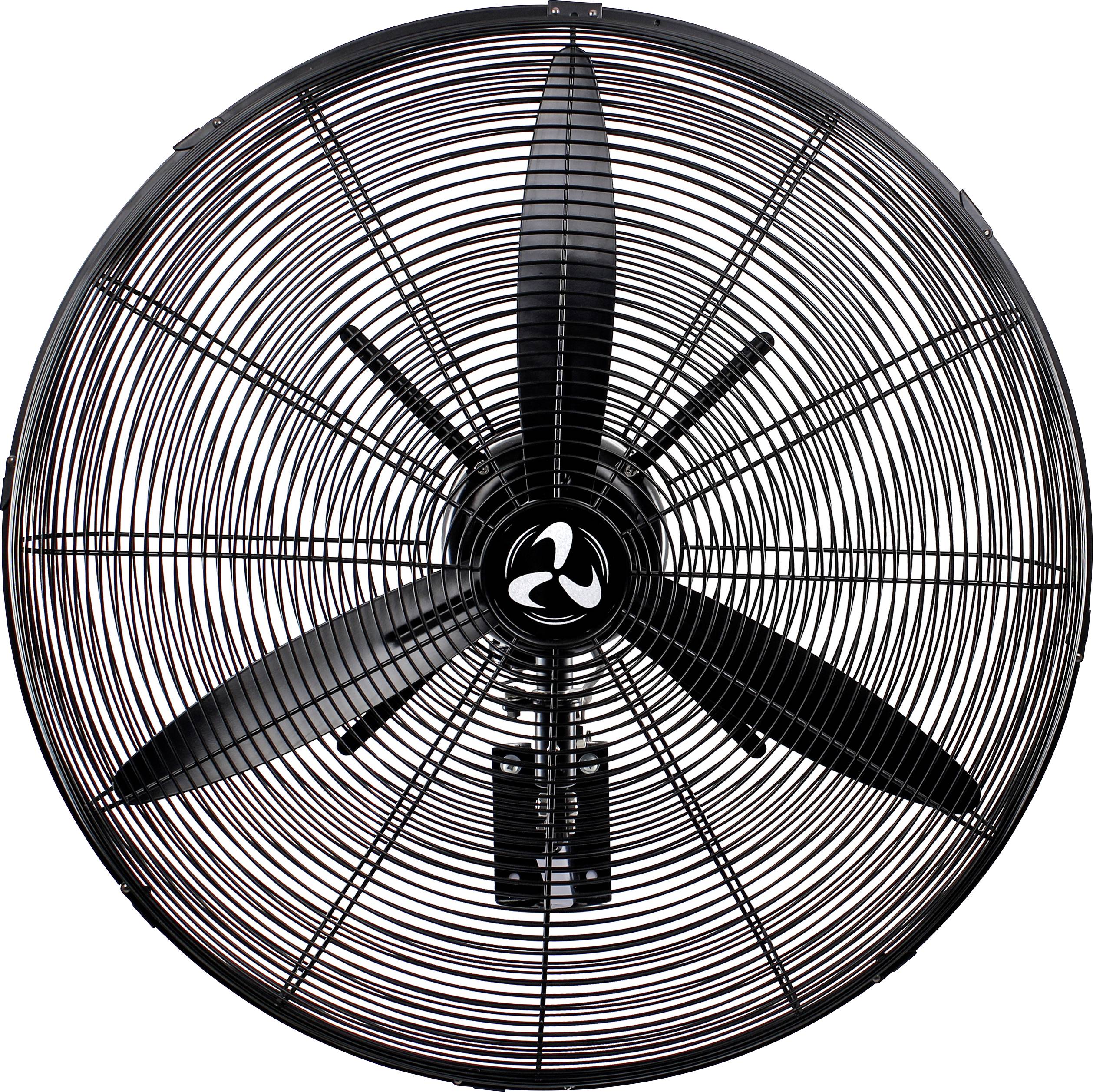 En cirkulær, sort metalventilator med tre vinger set forfra, der viser dens beskyttende gitter og centrale nav.