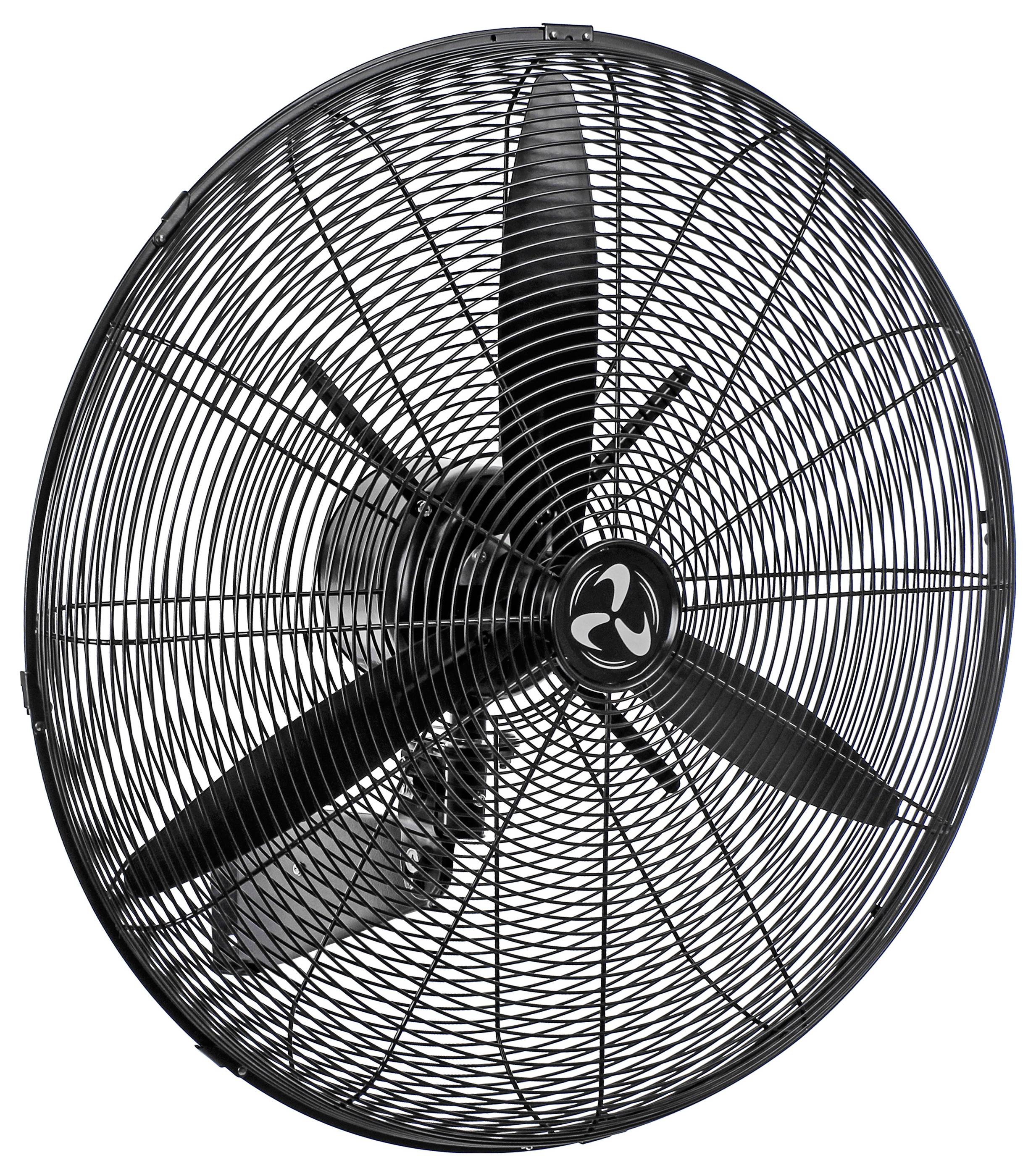 En stor sort industriel ventilator med beskyttelsesrist og tre vinger, designet til kraftig køling i store rum.