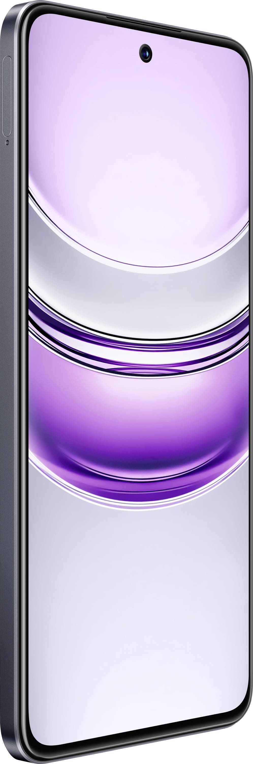Smartphone, der viser et lilla og sølvfarvet abstrakt design på skærmen, set fra en skråvinkel.