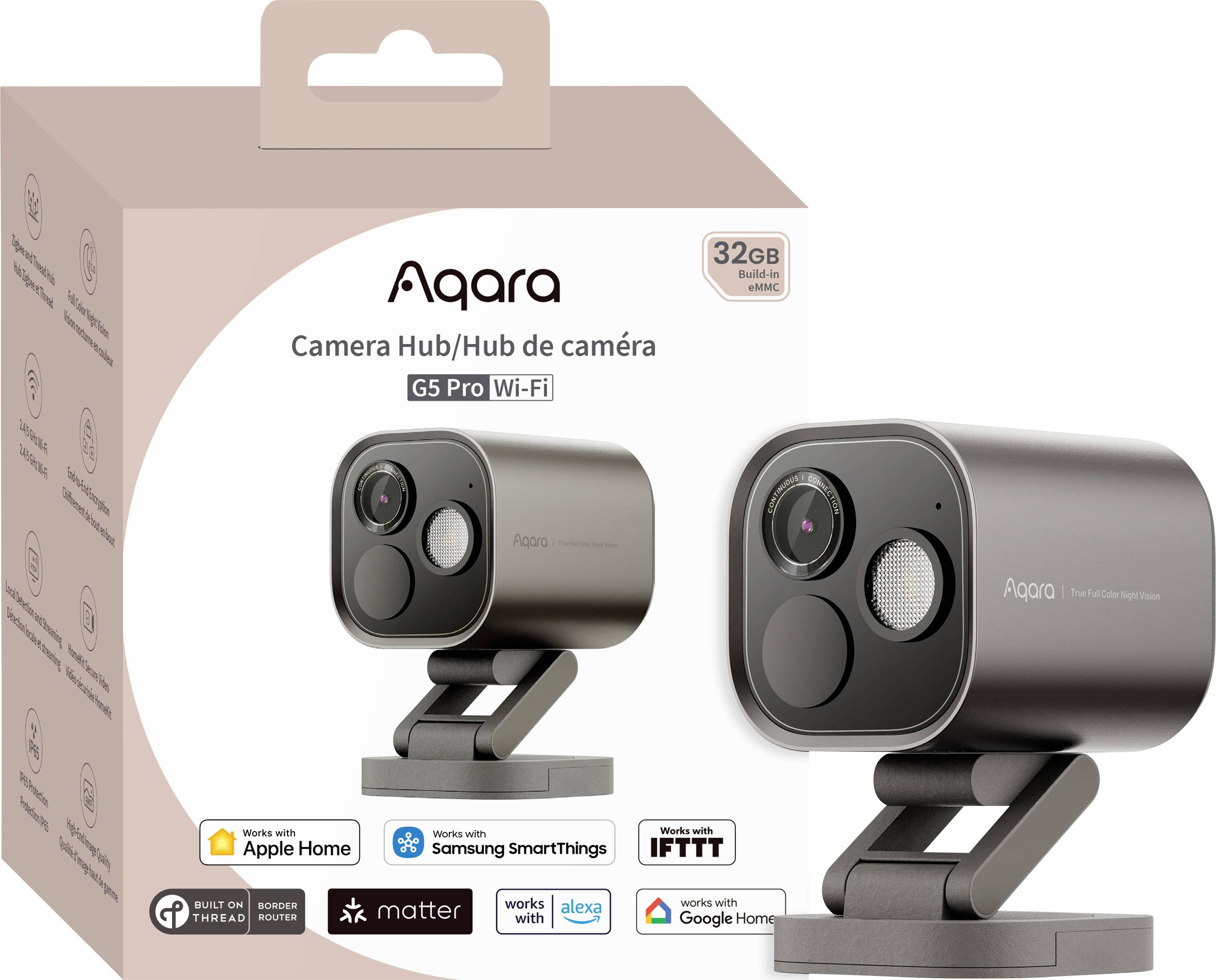 'Aqara Camera Hub G3 Pro Wi-Fi' emballage med billede af kamera, kompatibilitetslogoer for Apple Home, Samsung SmartThings, Google Home.