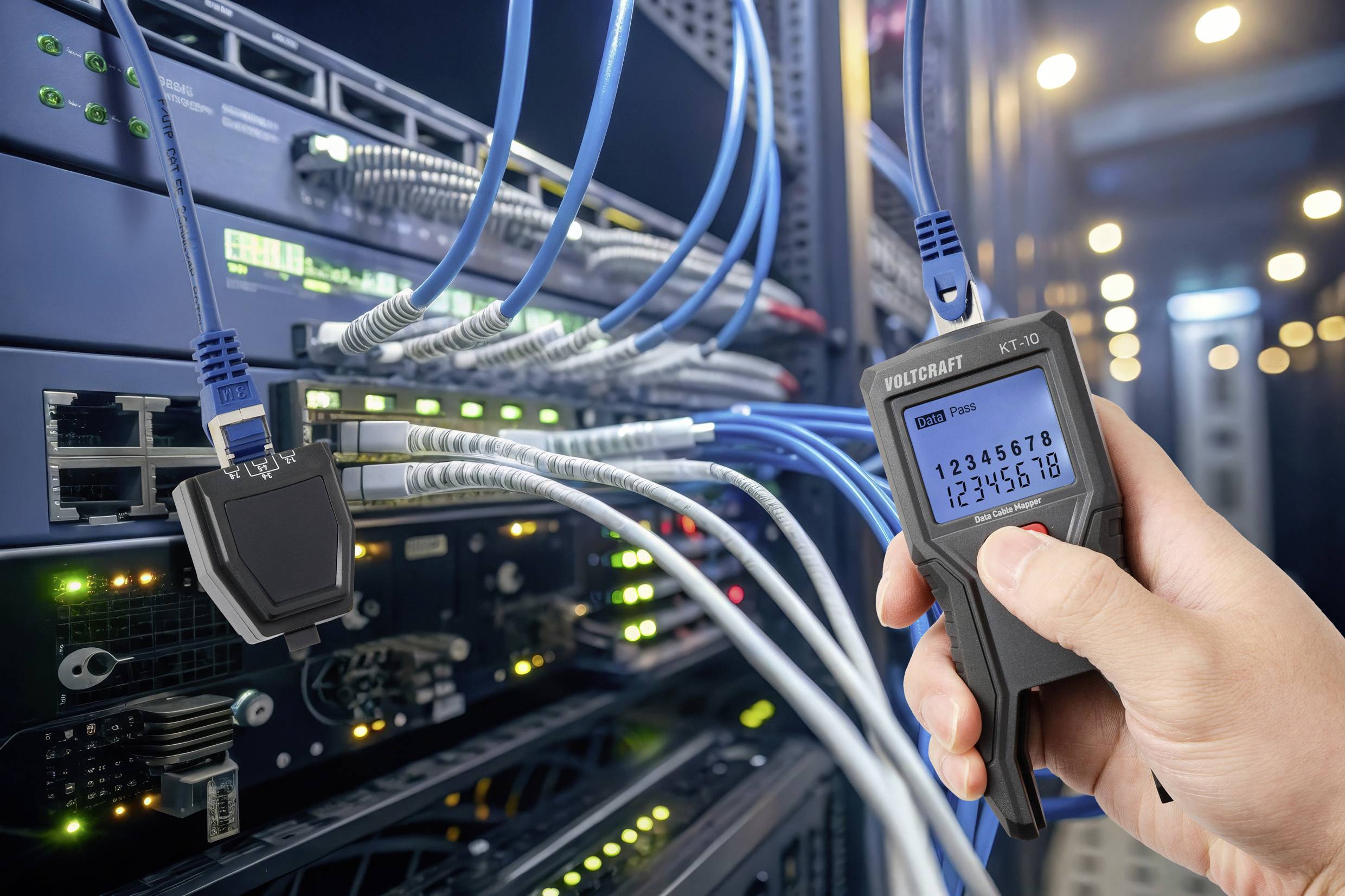 'En hånd, der tester netværkskabler med en enhed i et serverrum, som viser tal på skærmen og angiver forbindelsesstatus.'