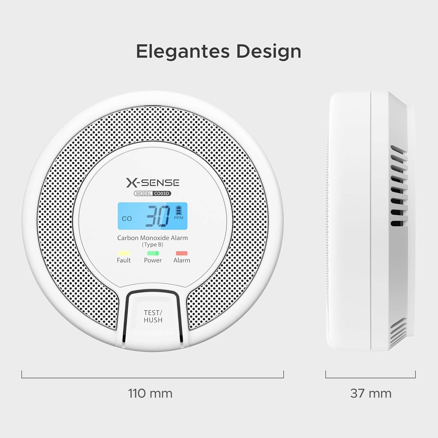 Rund kulilte-alarm med digital display, viser '30 ppm'. Stor 'TEST/HUSH'-knap trykket. Mål: 110 mm diameter, 37 mm dybde.