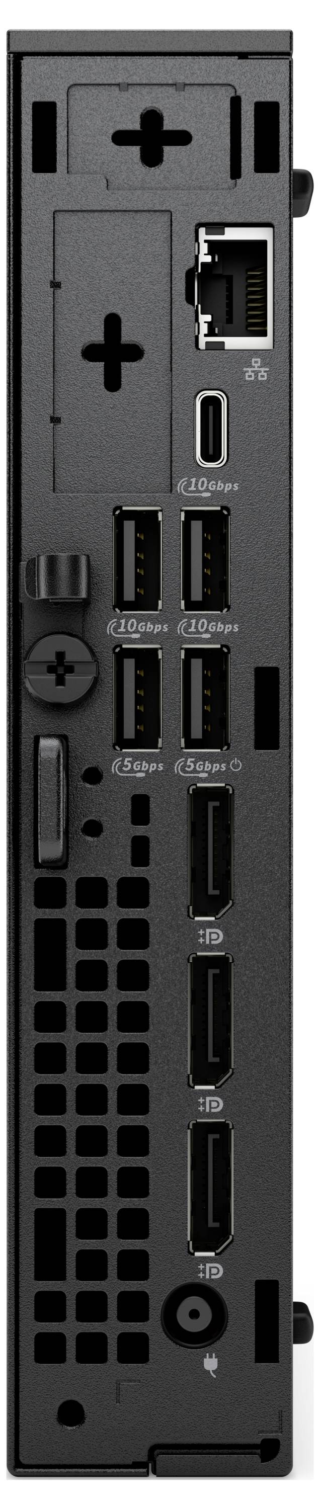 Bagpanel på en enhed med flere porte: Ethernet, USB, HDMI-indgange og en strømstik, som giver tilslutningsmuligheder.