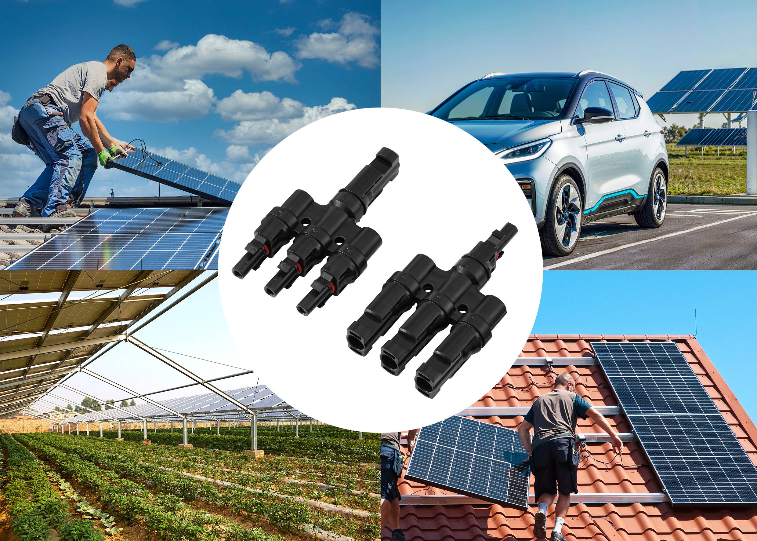'Solenergiapplikationer: paneler på et hustag, carport, gård og en mand, der installerer på et tag; forbindelser i midten.'