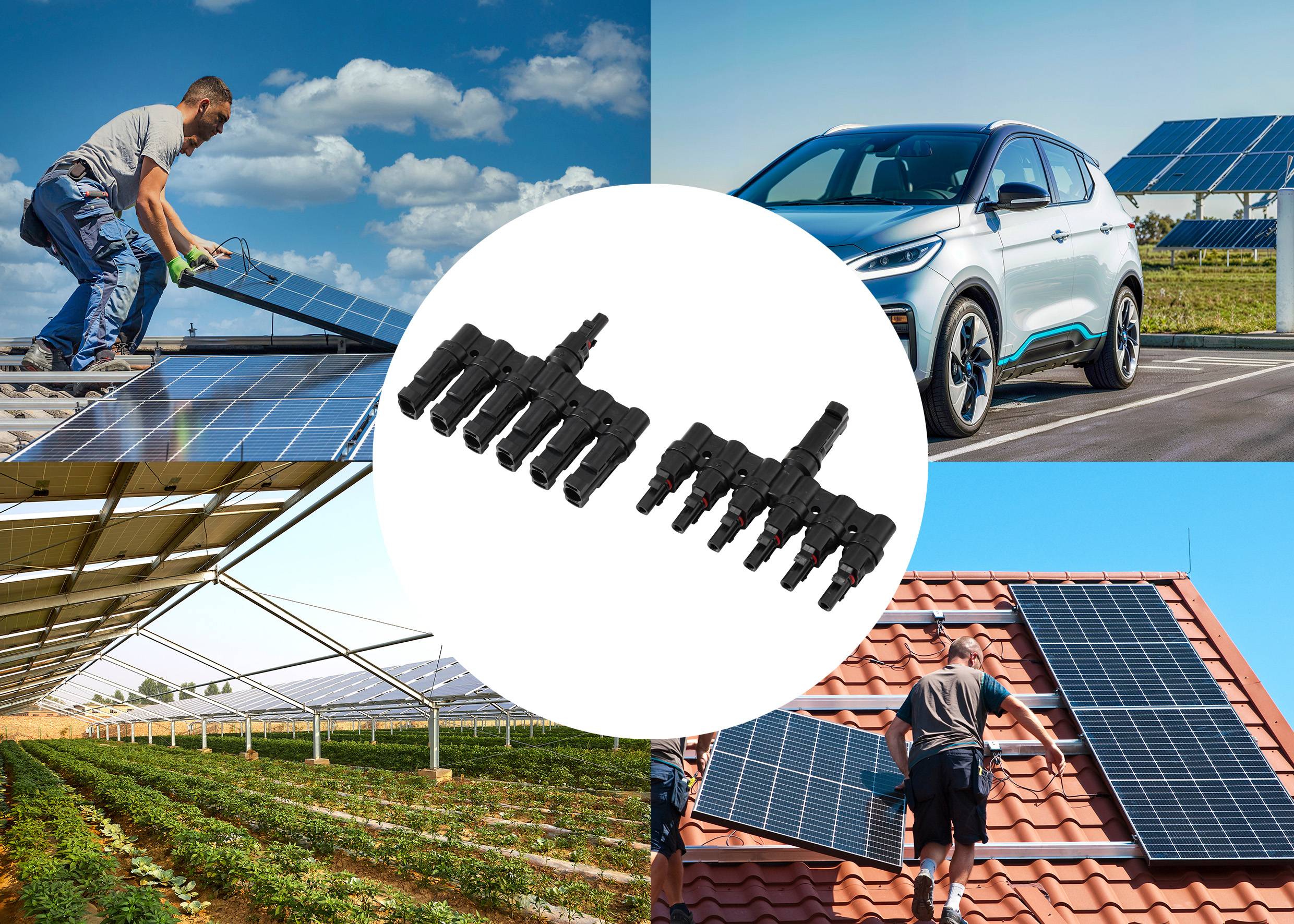 En collage der viser solpaneler i forskellige omgivelser: en mand der installerer paneler på et tag, en anden på et flisebelagt tag, en soloverdækket carport og en solmark. I centrum er et billede af en solenergi-forbindelsesenhed.