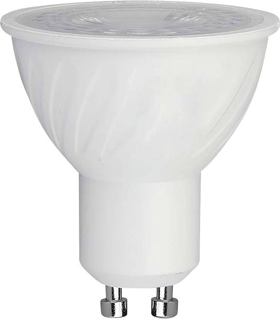 En hvid LED-pære med GU10-sokkel, designet til energieffektivitet, vist mod en hvid baggrund.