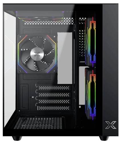 En sort PC-kabinet med et gennemsigtigt sidepanel afslører de indvendige komponenter, herunder RGB-belyste blæsere og rigelig plads til hardwareinstallation.