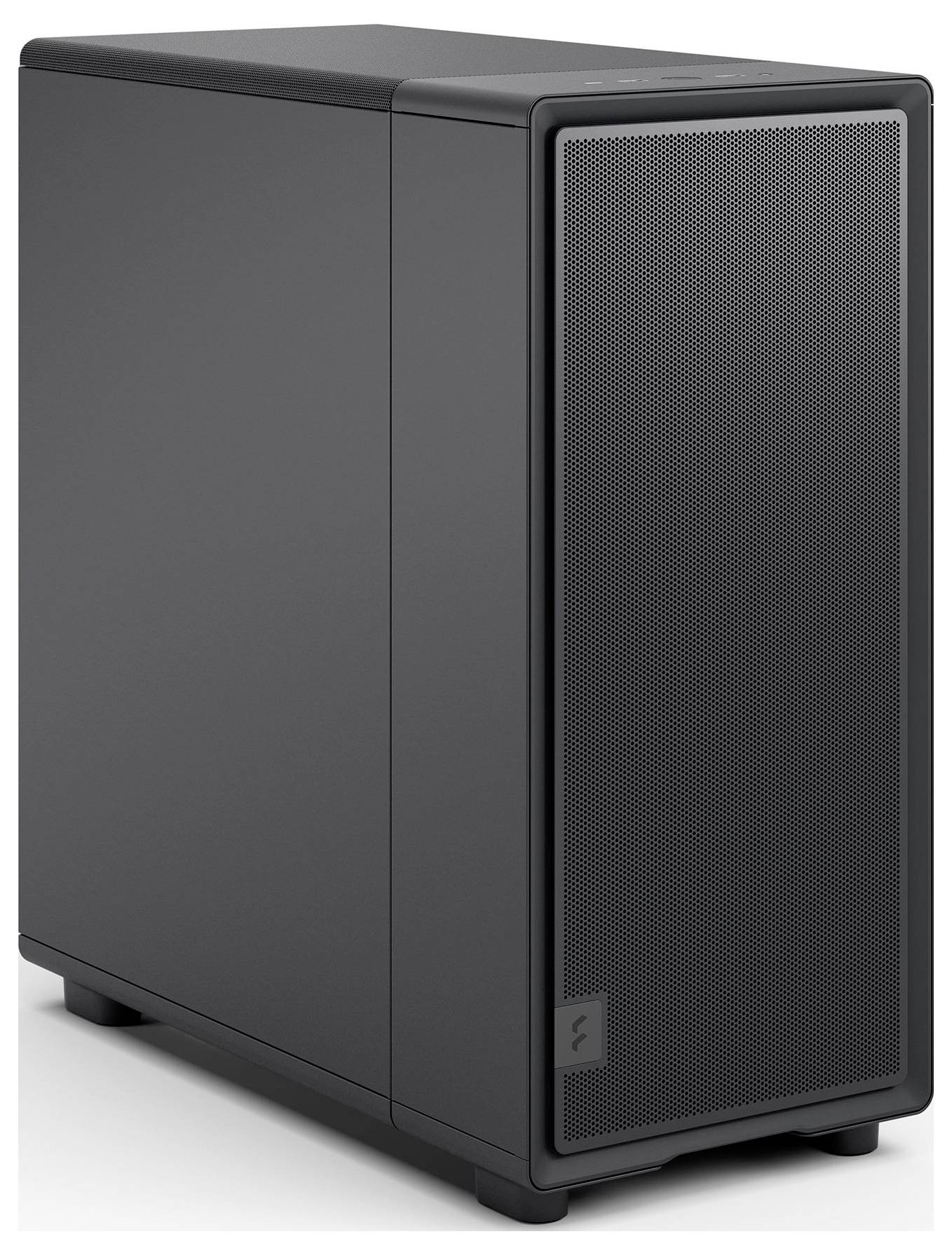 En elegant sort computertårn med en perforeret frontpanel, der fremviser et minimalistisk design og står på fire fødder, set fra en sidevinkel.