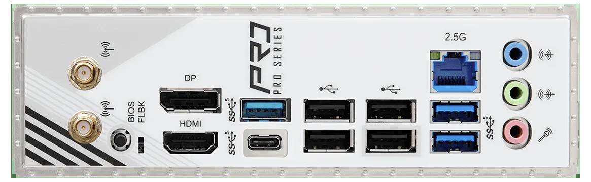 Bagpanel på et PC-bundkort med flere porte inklusive USB, HDMI, Ethernet og lydstik mærket med symboler for tilslutning.