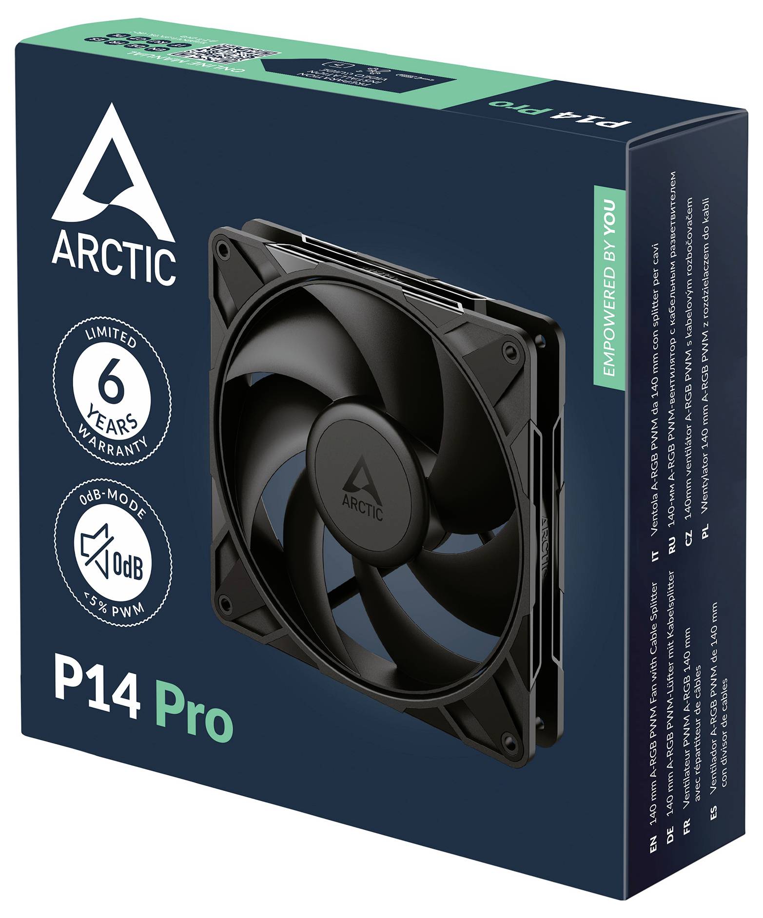 'ARCTIC P14 Pro' computerfan i emballage, funktioner inkluderer '6 års garanti', '0dB tilstand' og 'PWM-styring'. Sort fan med elegant design.