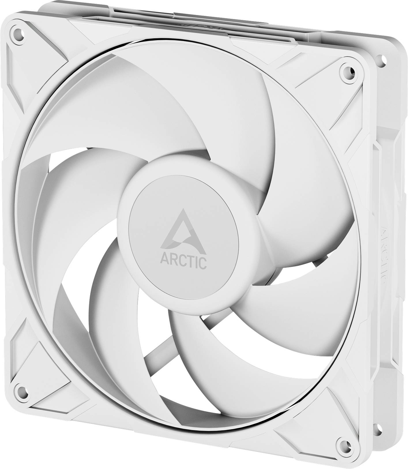 En hvid computerkassens blæser mærket 'ARCTIC' med en firkantet ramme og et rotordesign med fem blade.