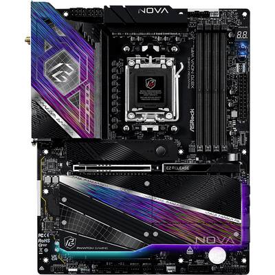 Bundkort med en levende, geometrisk design, der fremviser flere PCIe-slots, RAM-slots og en stor CPU-sokkel. Mærket 'Phantom Gaming'.
