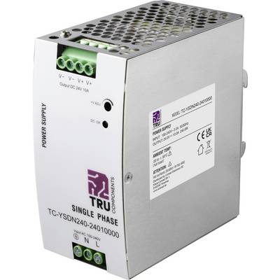 Metalpowerstyringsslidsforsyning med grønne terminalklodser og ventilationshuller, mærket TRU Components enfaset TC-YSDN240-24010000, 24V DC 10A udgang.