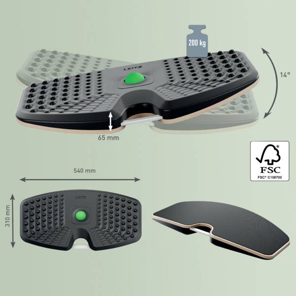 Justerbar fodstøtte diagram med dimensioner: 540 mm bredde, 310 mm dybde, 65 mm højde. Understøtter op til 200 kg. FSC certificeret.