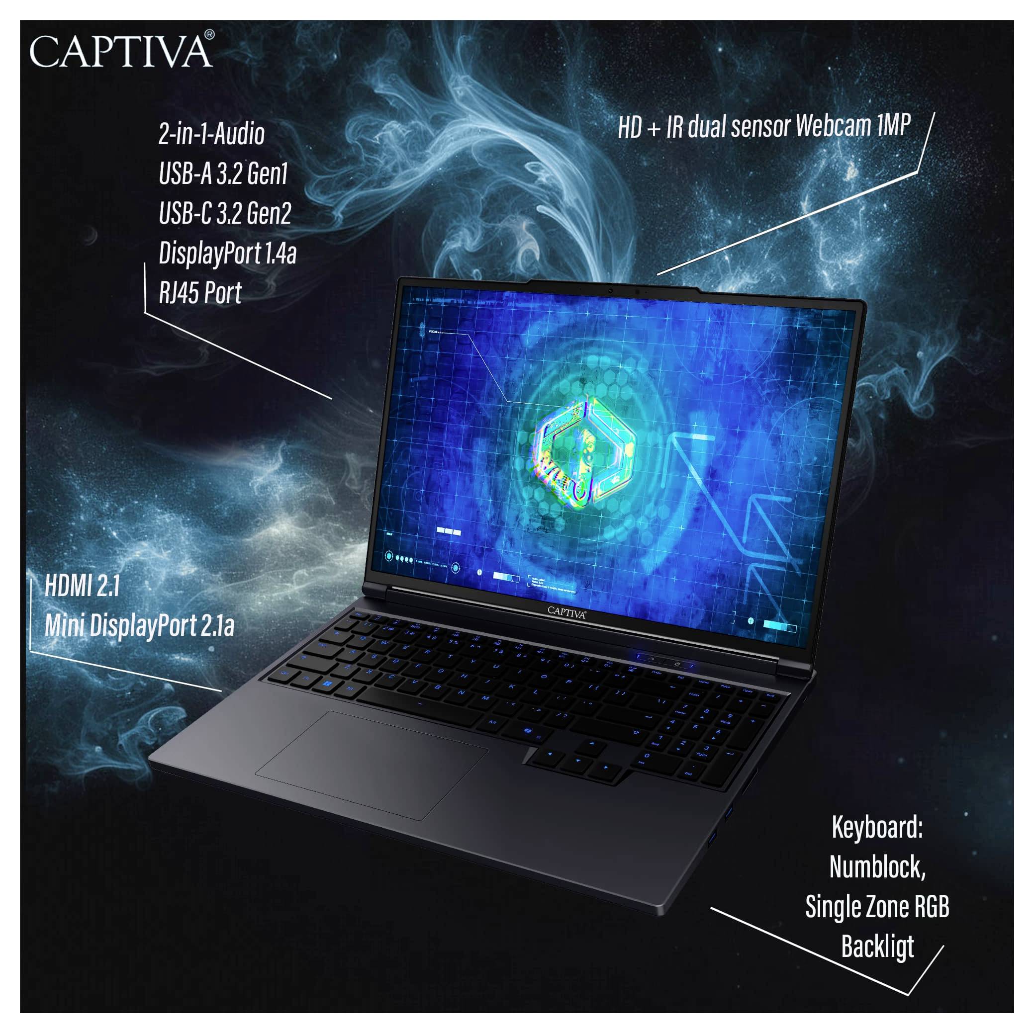 En laptop med et kosmisk-tematiseret skærmbillede. Specifikationer inkluderer porte til lyd, USB-C, DisplayPort, HDMI, webcam og tastaturegenskaber.