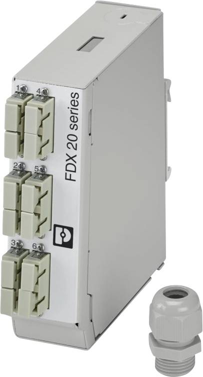 En grå FDX 20-serie fiberoptisk modul og kabelforskruning. Modulet har mærkede inputporte på venstre side til netværksforbindelse.