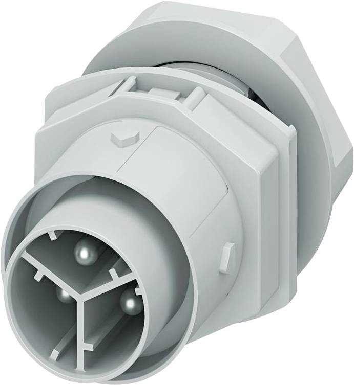 En grå industriel stikforbindelse med tre synlige metalben, der har en sekskantede base og et robust, hårdført design.
