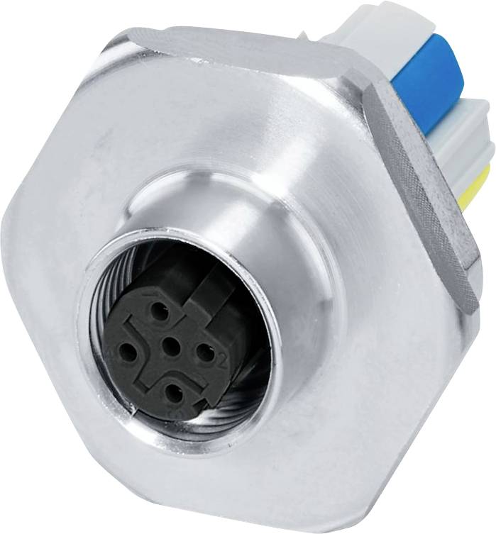 En metalisk sekskantede stik med flere farvede ledninger og en cirkulær port med åbninger, designet til elektroniske enhedssammenkoblinger.