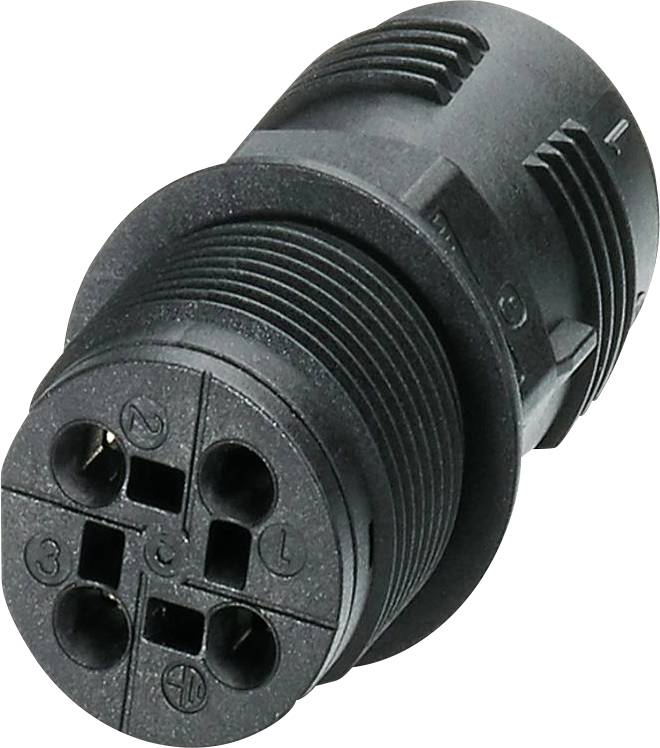 Et nærbillede af en multi-pin elektrisk stikforbindelse med fire sokler, som bruges til signaloverførsel i elektroniske enheder.