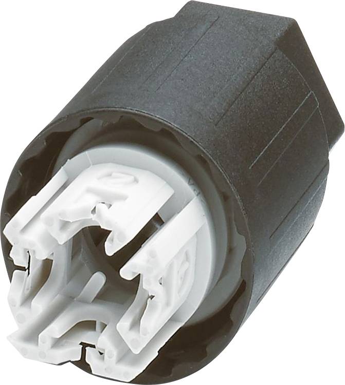 Et nærbillede af en sort og hvid elektrisk stikforbindelse med flere åbninger til ben, som bruges til at forbinde ledninger i elektroniske enheder.