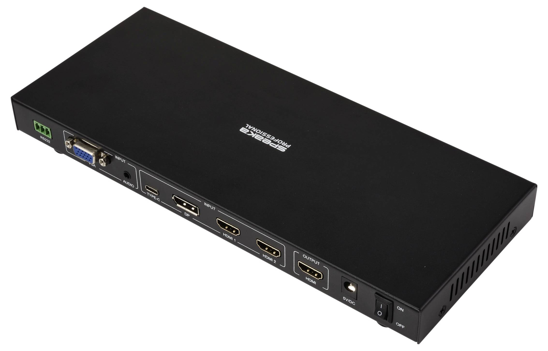 'Sort rackmount HDMI-switch med fire HDMI-indgange, én VGA-indgang, Ethernet-port, tænd/sluk-knap og LED-indikatorer på frontpanelet.'