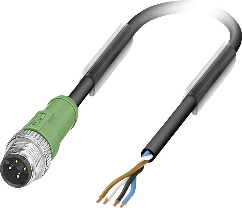 Et kabel med en grøn stikforbindelse i den ene ende og blottede farvede ledninger i den anden ende, hvilket indikerer en forbindelses- eller koblingsopgave.