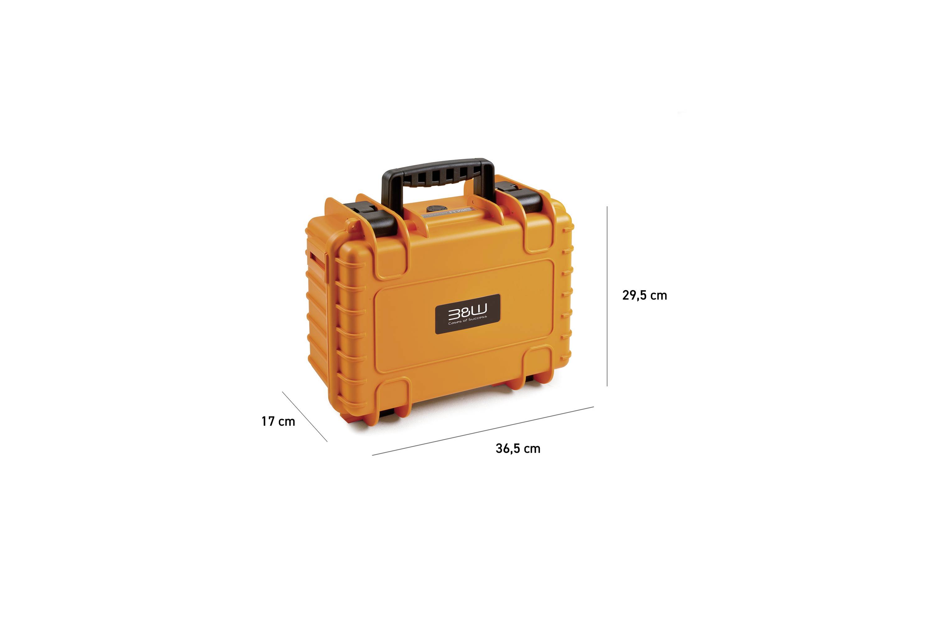 Orange hardcover etui med sort håndtag, måler 36,5 cm bred, 17 cm dyb og 29,5 cm høj.