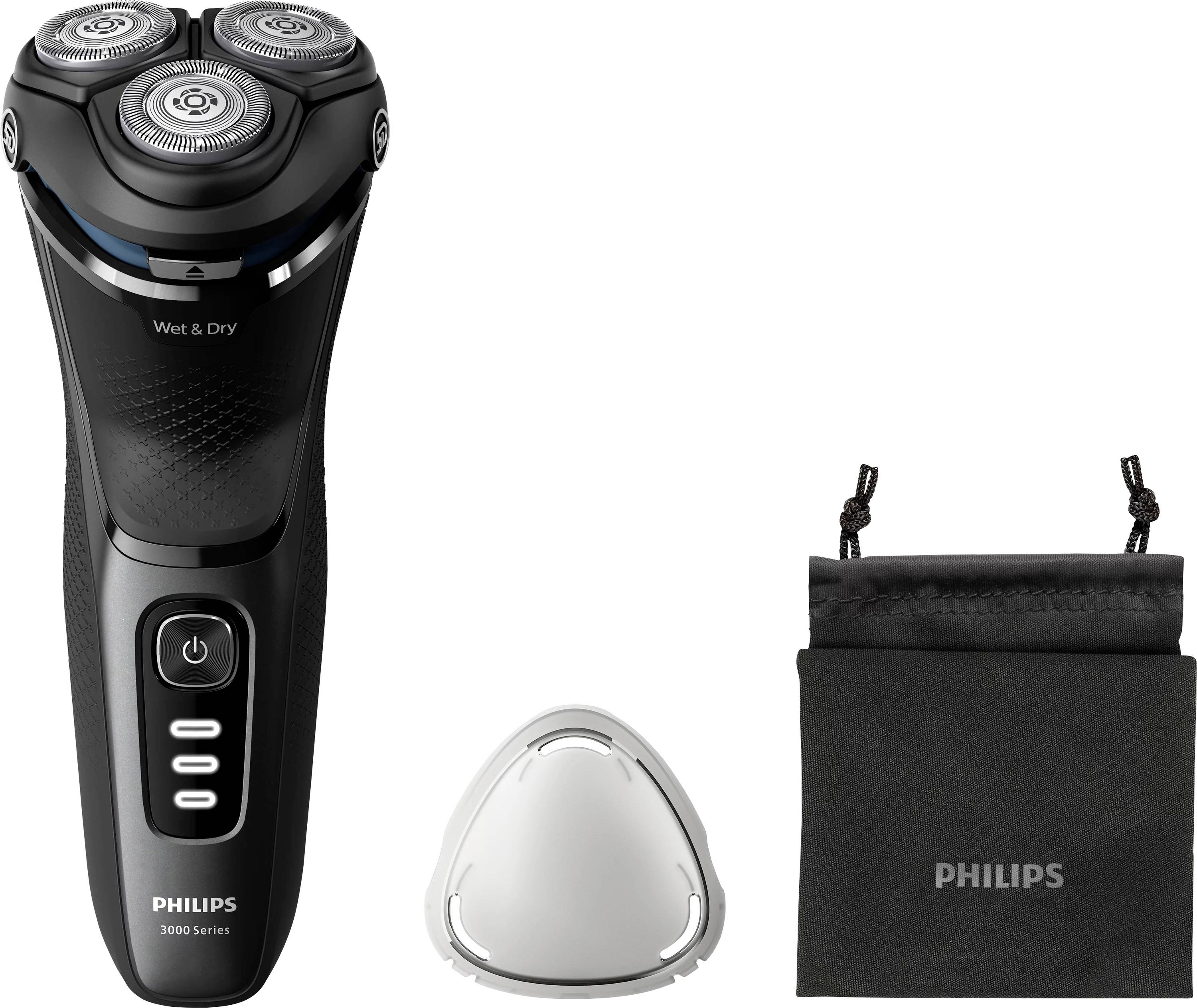 'En Philips 3000 serie Våd & Tør elektrisk barbermaskine med aftagelig hoveddel og sort bæretaske.'