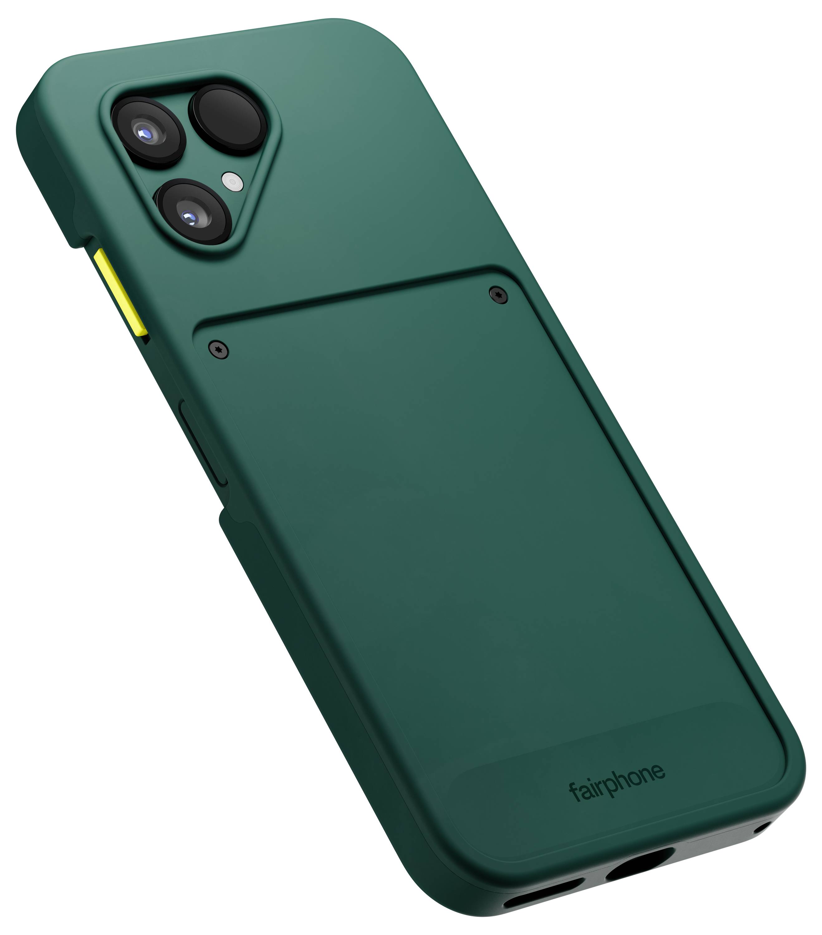 En grøn smartphone med dobbelte bagkameraer og en modulær design af Fairphone. Telefonen har en gul knap på siden.