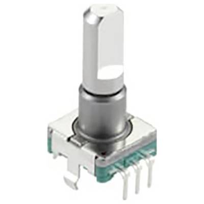 En roterende encoder-kontakt med en metalknap, bruges i elektronik til præcisionsjustering af kontrolindstillinger.