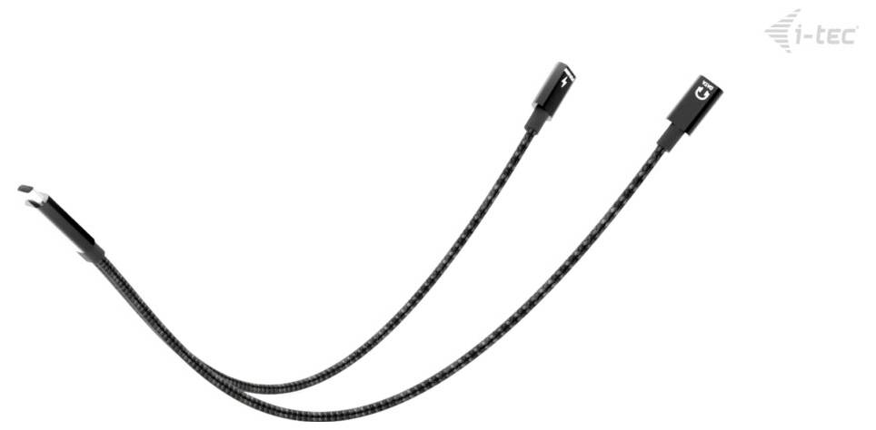 Et flettet kabel med dobbelte stik, mærket i-tec, designet til alsidig forbindelse.