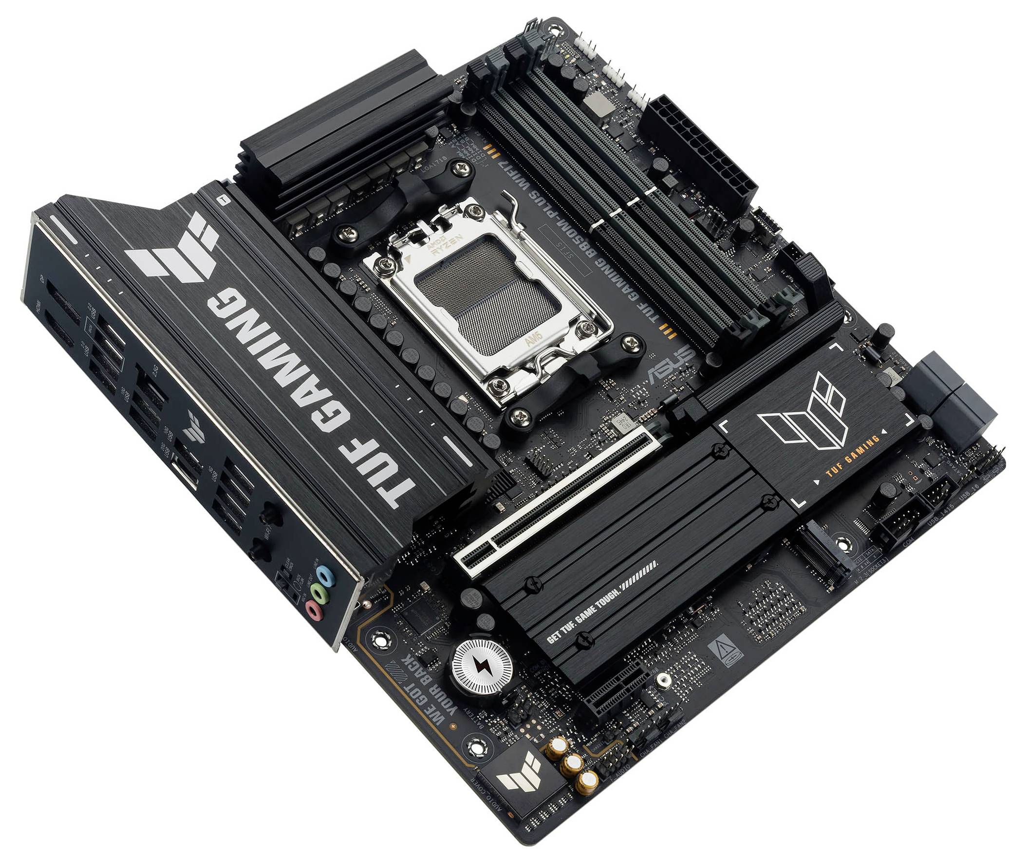 TUF Gaming bundkort med PCIe-slots, RAM-slots, CPU-sokkel og flere porte, designet til forbedret gaming-ydeevne.