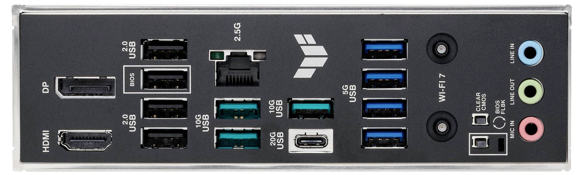 Billedet viser bagpanelet med input/output-stik på et bundkort til en computer med forskellige porte inklusive HDMI, DisplayPort, USB, Ethernet og lydstik.