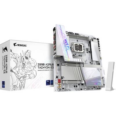 Bundkort med 'Z690 AORUS TACHYON ICE' branding til gaming, vist med sin emballage, der har robotkunstværk og produktdetaljer.