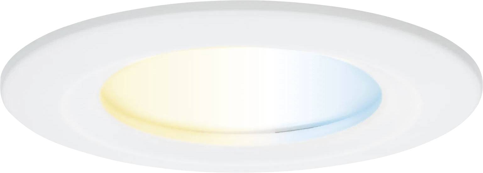 En cirkulær LED-loftslampe med en gradientglød, der går fra varmt gul på venstre side til kølig blå på højre side.