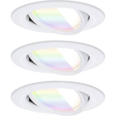 Tre runde hvide loftlamper med justerbare farver, der viser et regnbue-spektrum.